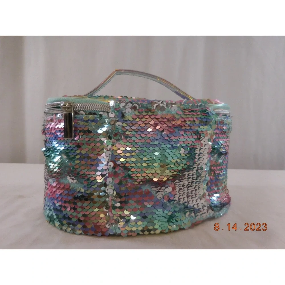 Girl's Justice Gold Flip Sequin Initial M Train Case Jewelry Makeup Case‎ Bag
